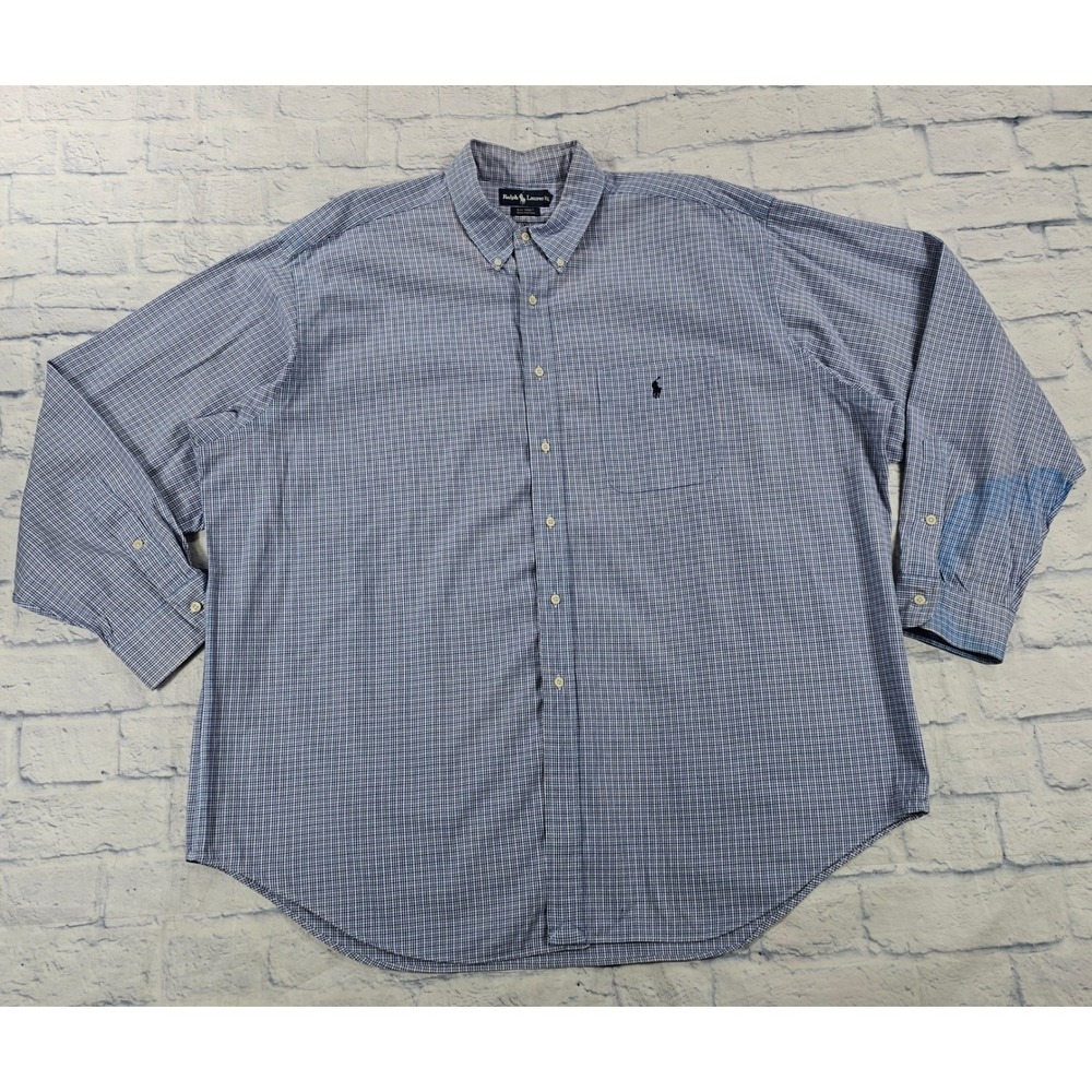 Ralph Lauren Big Shirt Mens 2XL Blue White Check Long Sleeve Preppy Logo VINTAGE